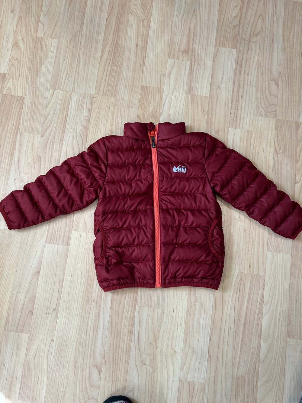REI Kids Burgundy Puffer Jacket with Orange Zipper
